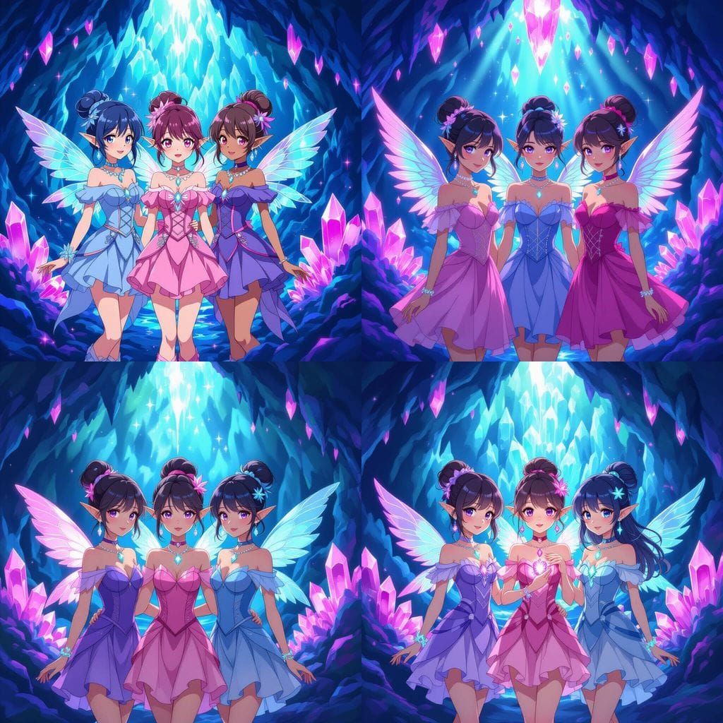 Anime Friends in Magical Crystal Cave with Portal