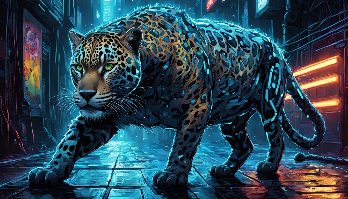 Cyberpunk Jaguar in Dark Alley Comic Art