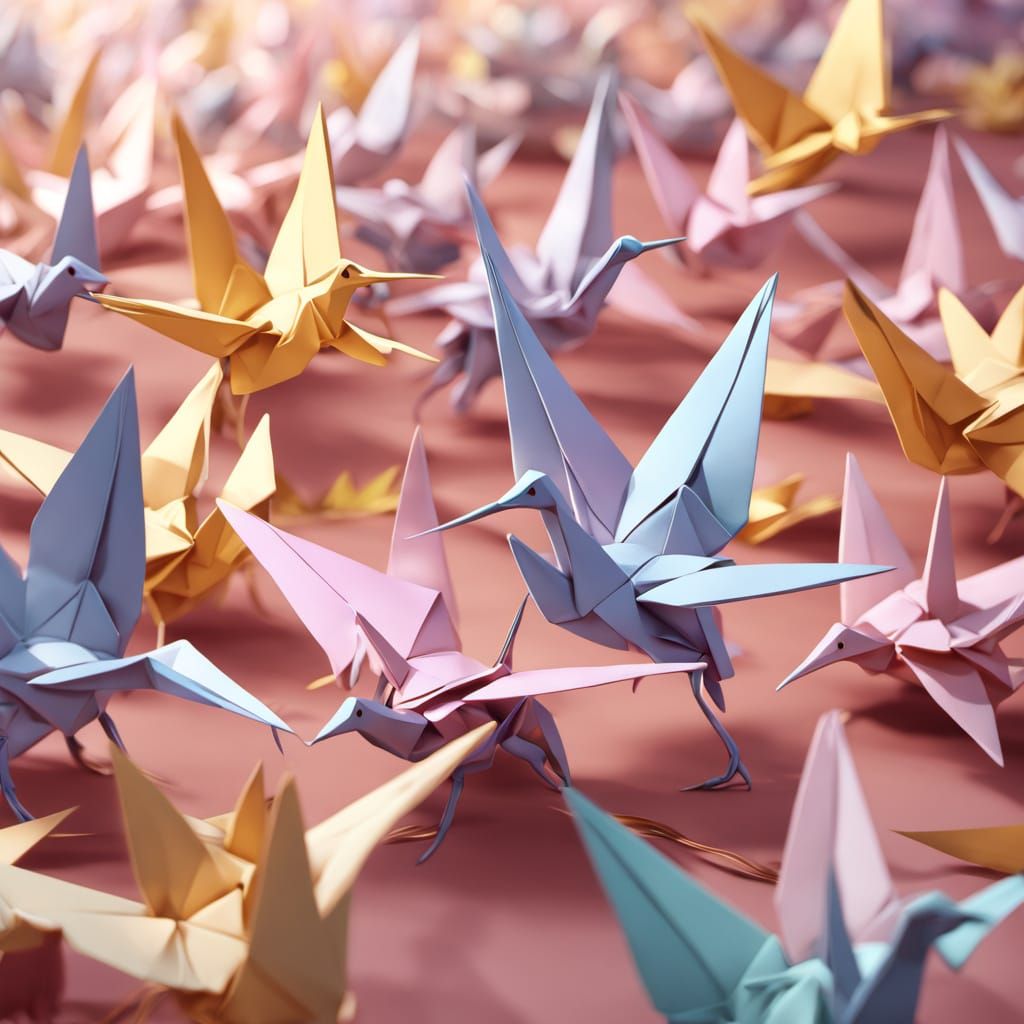 Floating Origami Cranes in 3D Anime Art