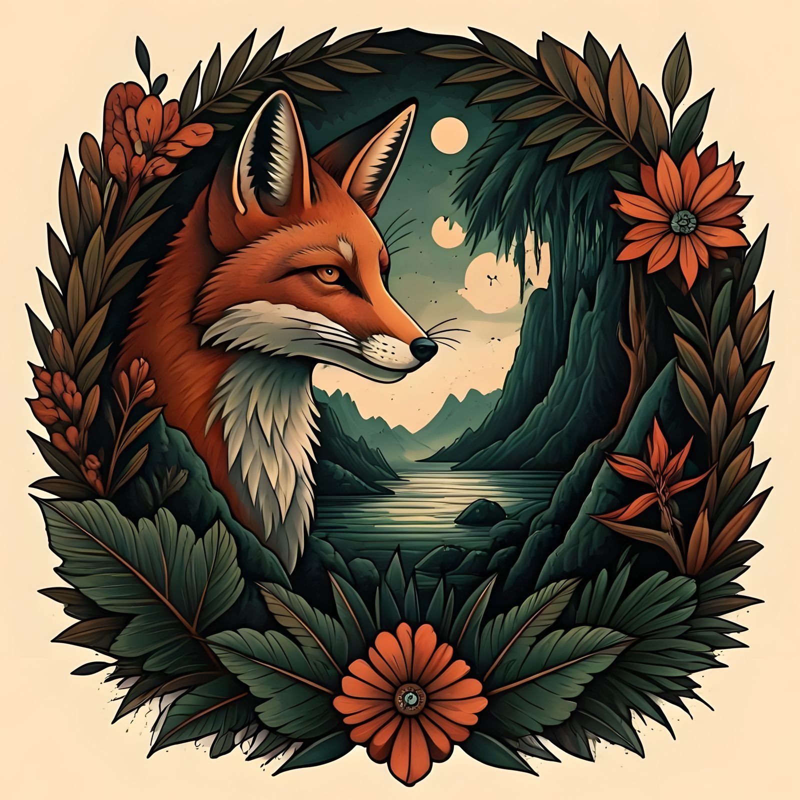 Jungle Fox Tattoo Flash Sheet in Traditional Style