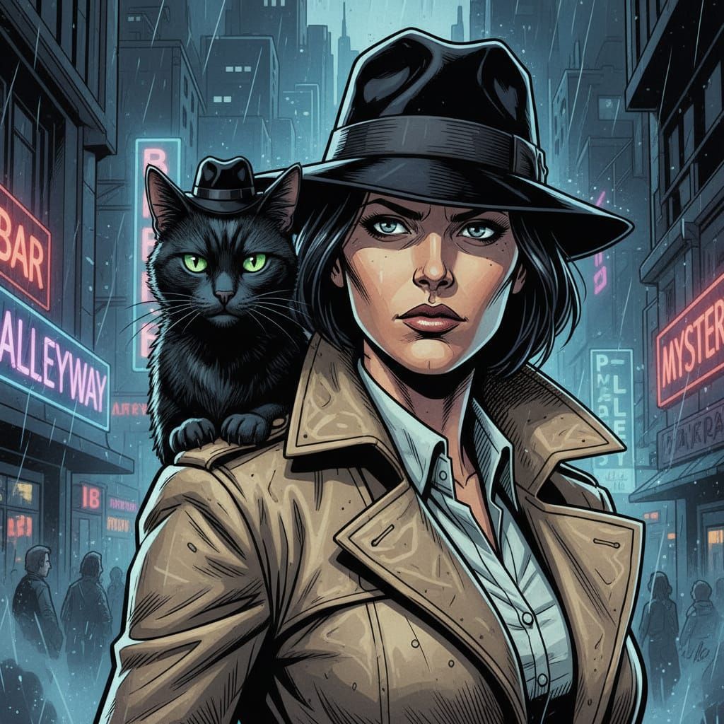 Noir Detective and Black Cat in Cityscape