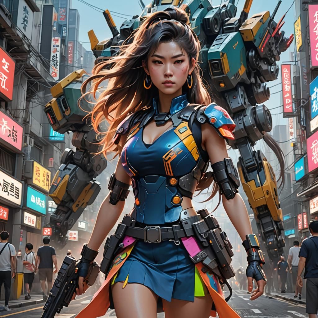 Cyberpunk Woman in Tokyo Mech Battle, Digital Art