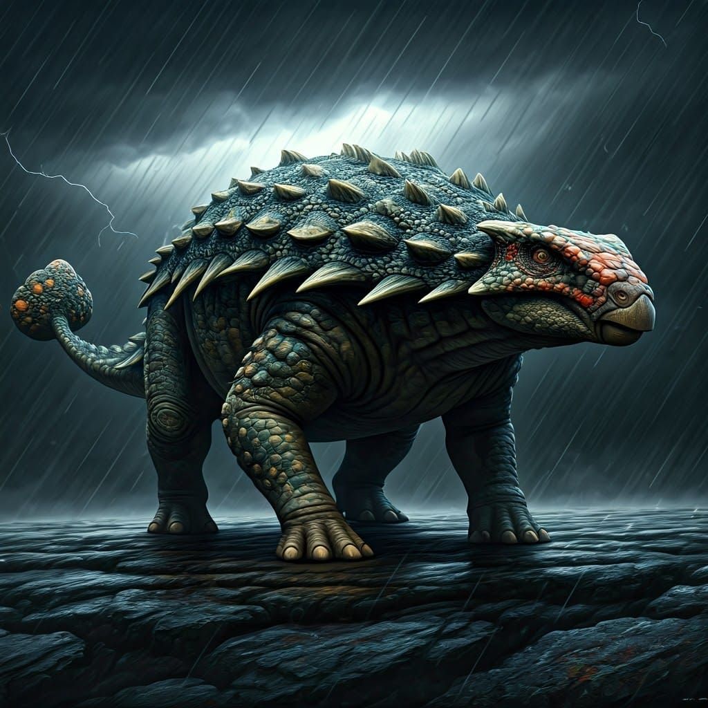 Aggressive Ankylosaurus on Rocky Outcropping in Stormy Weath...