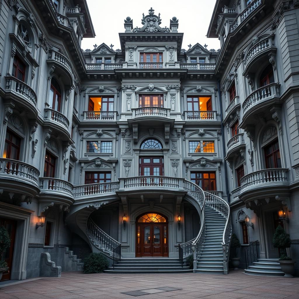 Grand Multilevel Mansion Exterior with Warm Lighting