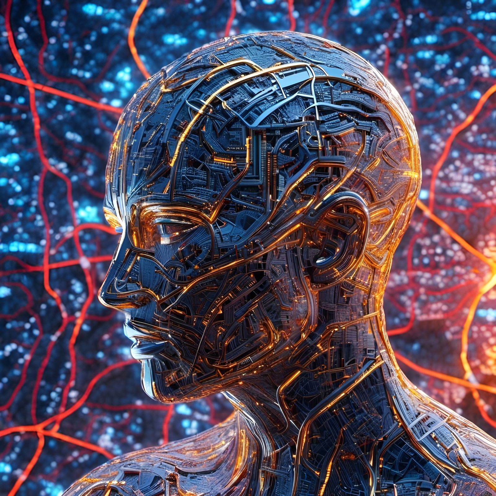 Glass Humanoid with Neon City Map: Hyperrealistic 3D