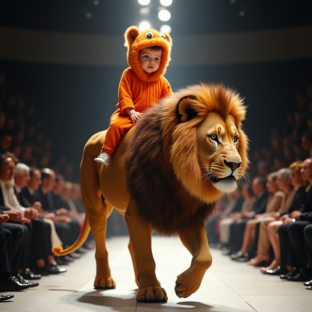 Baby Lion Rider on Fashion Runway, Hyper-Realistic
