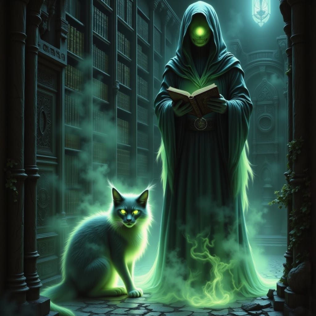 Spectral Librarian and Ghost Cat in Gothic Library