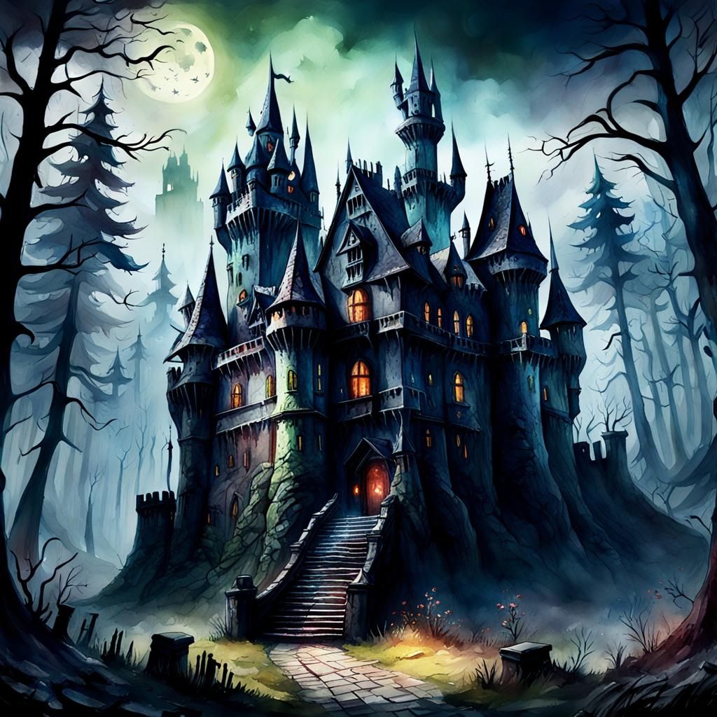 Scary Horror Castle in Haunted Forest: Watercolor Painting