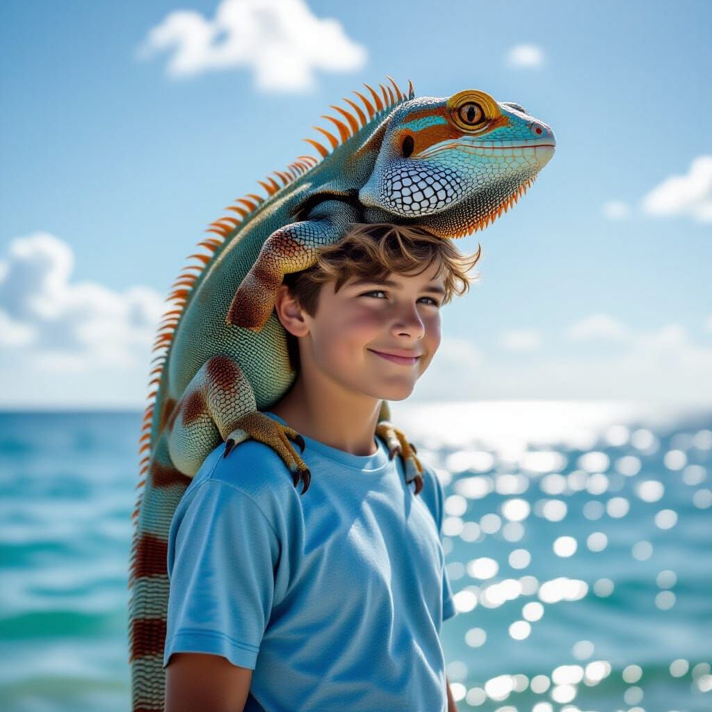 Giant Gecko Parrot on Boy's Shoulder by the Sea