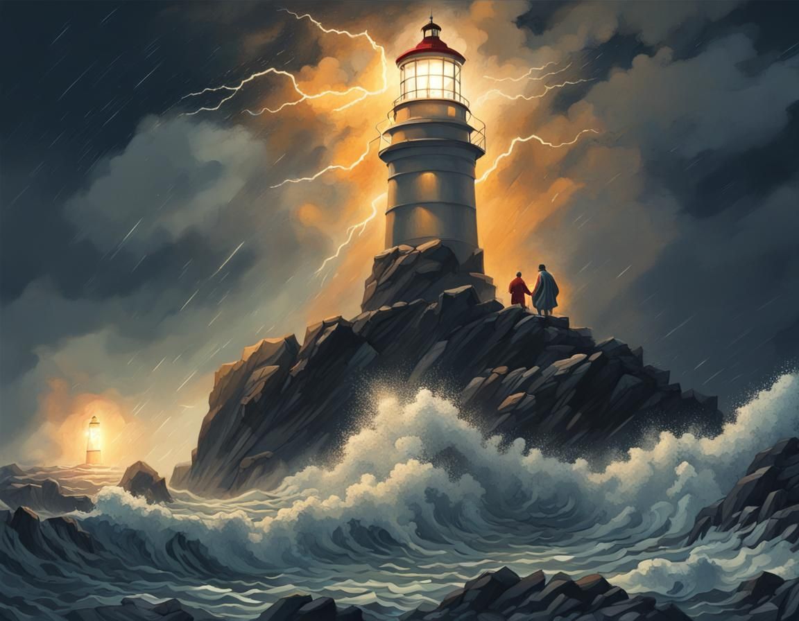 Hyperrealistic Lighthouse Illuminating Stormy Night Seascape