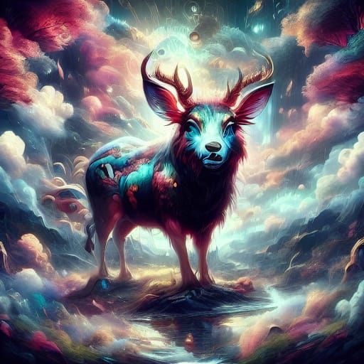 Victorian Woman and White Stag in Misty Forest at Dawn