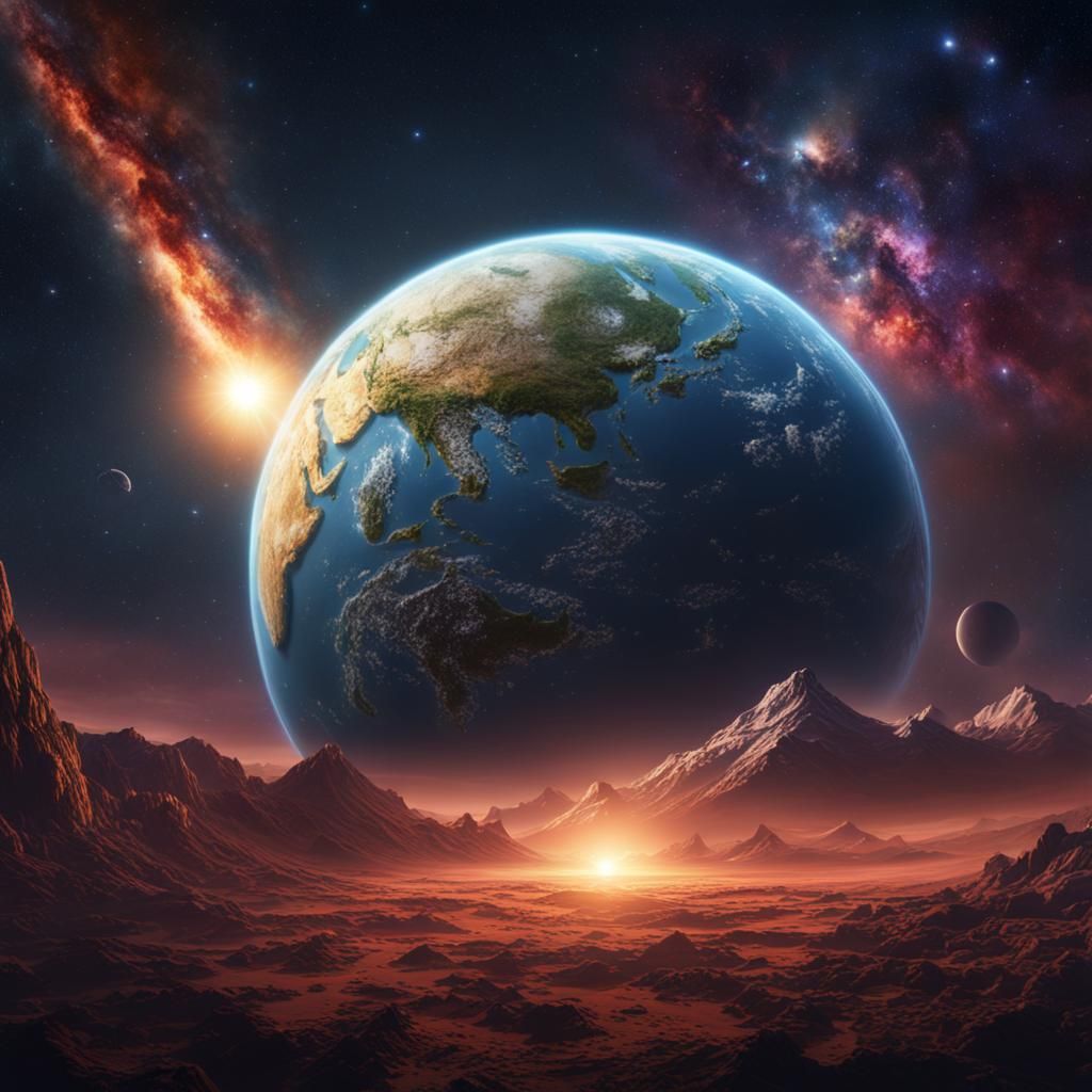 Earth and Comet in Deep Space: Detailed Matte Painting