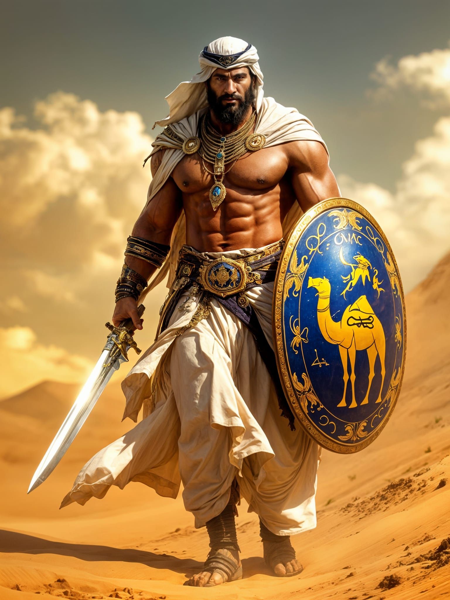 Powerful Arabian Warrior in Desert Landscape