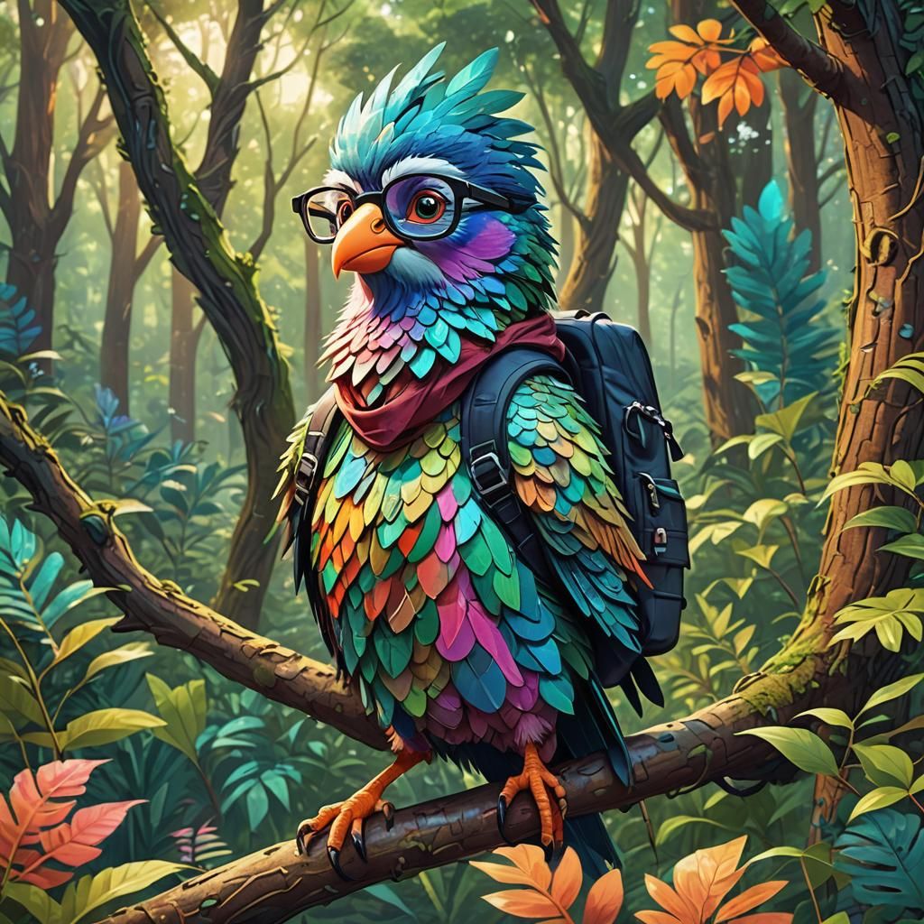 Nerd Bird in Lush Forest: Disney-Inspired Digital Art