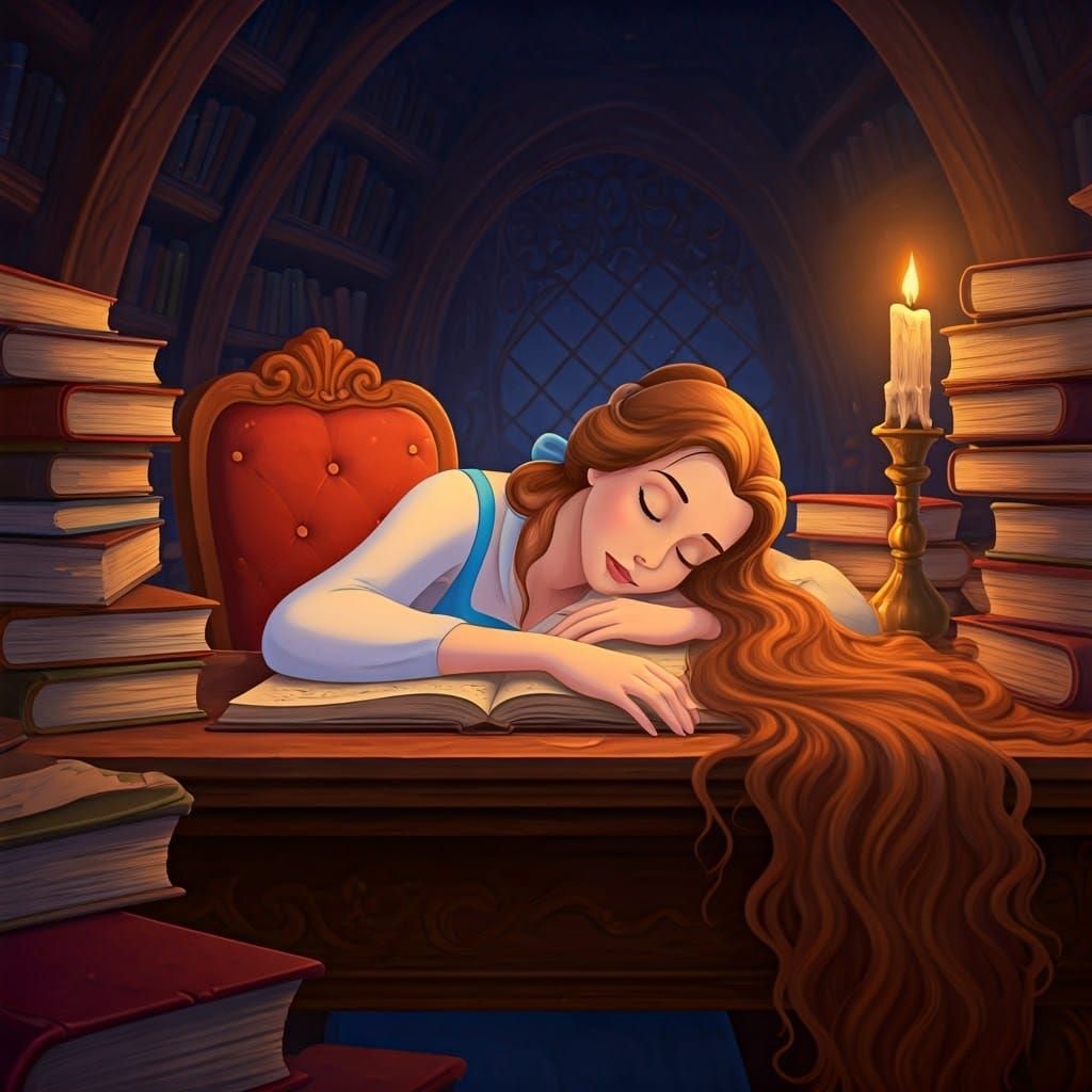 Belle Sleeping in Mystical Library, Storybook Illustration