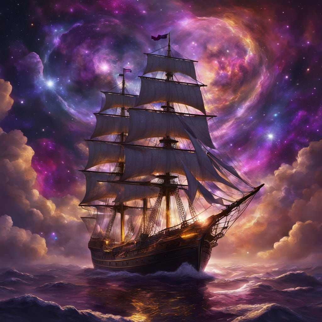 Majestic Schooner Sailing Through Nebula: Fantasy Art