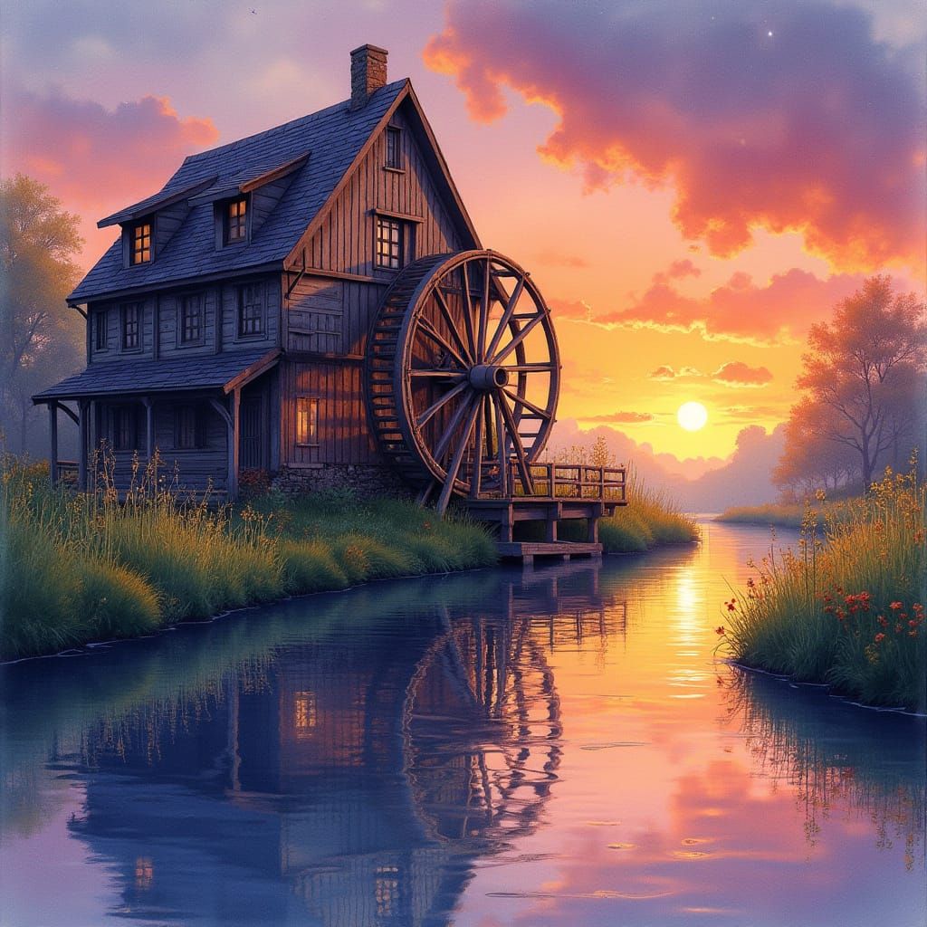 Whimsical Water Wheel Mill in Sunset Hues