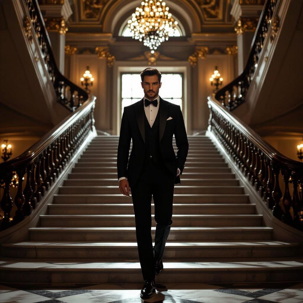 Man in Black Suit on Palace Stairs - Celebrity Style