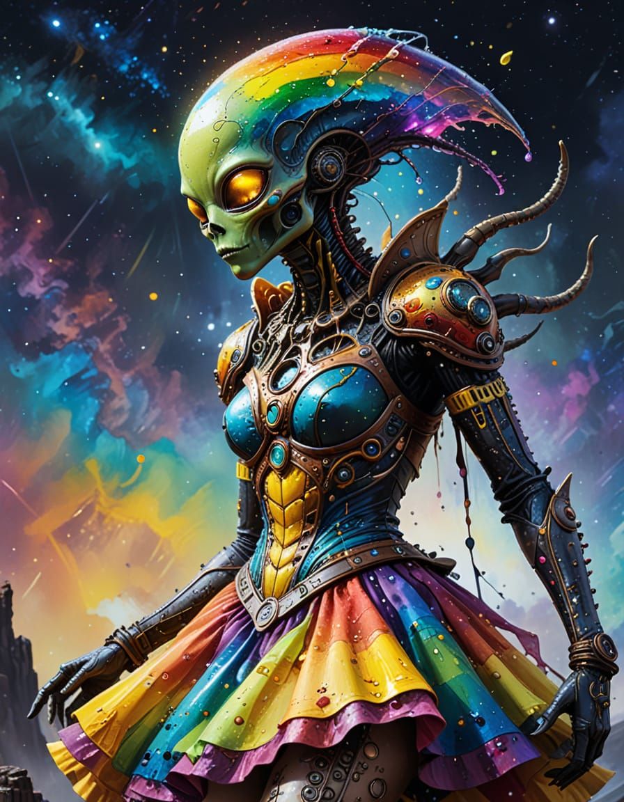 Steampunk Alien in Rainbow Dress on Ridge