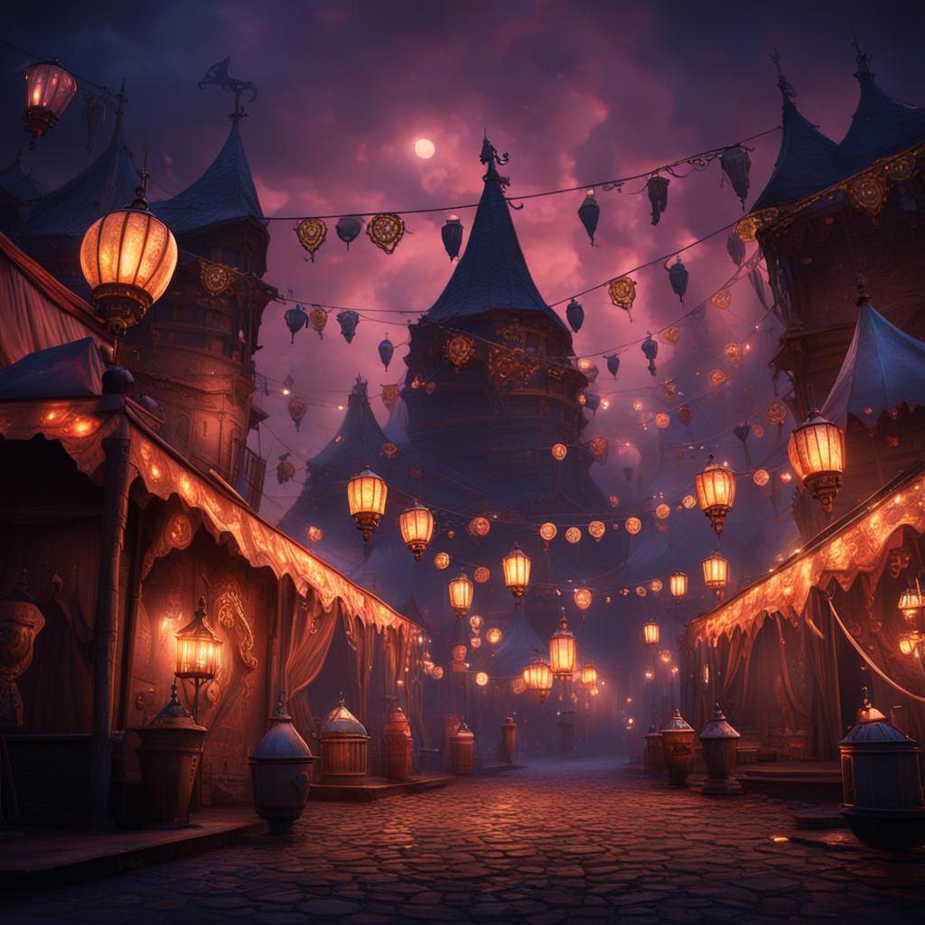 Monster in a Medieval Circus Town at Night