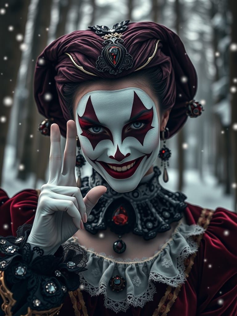 Harlequin Woman's Sinister Smile in Winter Forest