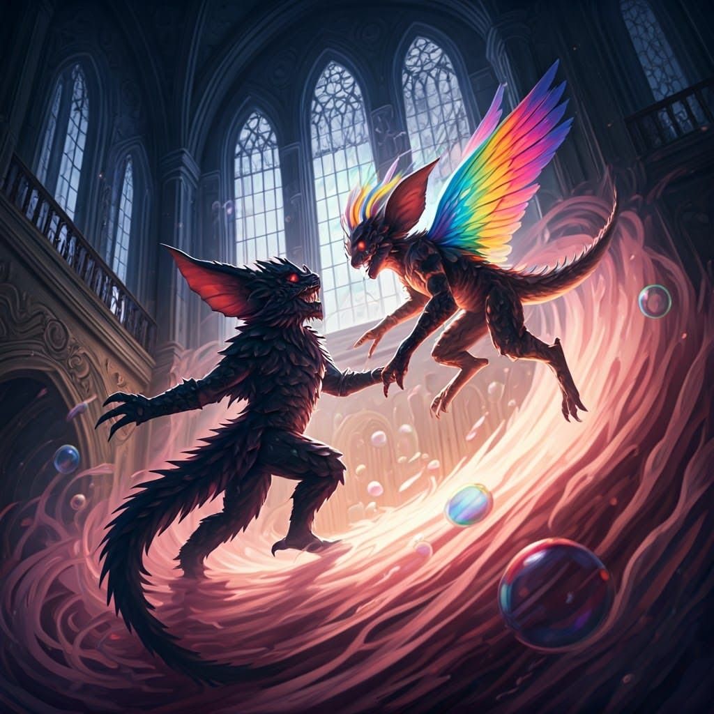 Surrealistic Gremlin Battle in a Haunted Mansion