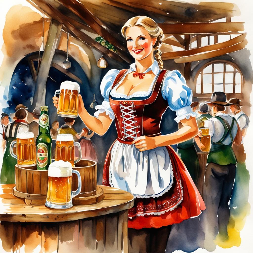 Oktoberfest Woman Carrying Beer Steins, Watercolor