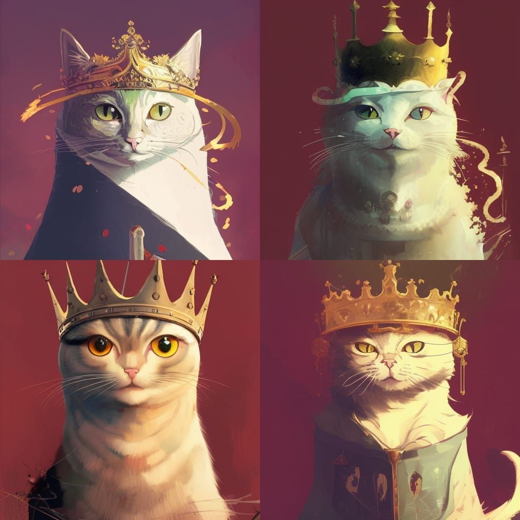 intricately designed illustration portrait of cat with a big crown on its head, detailed, captivating, cinematographic, ...