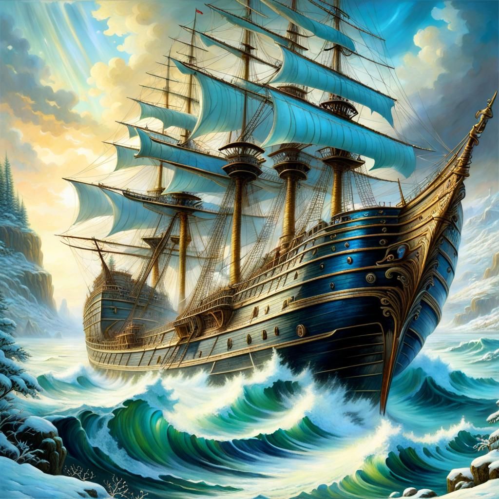 Old Ship in Winter Wonderland: Mystical Seascape