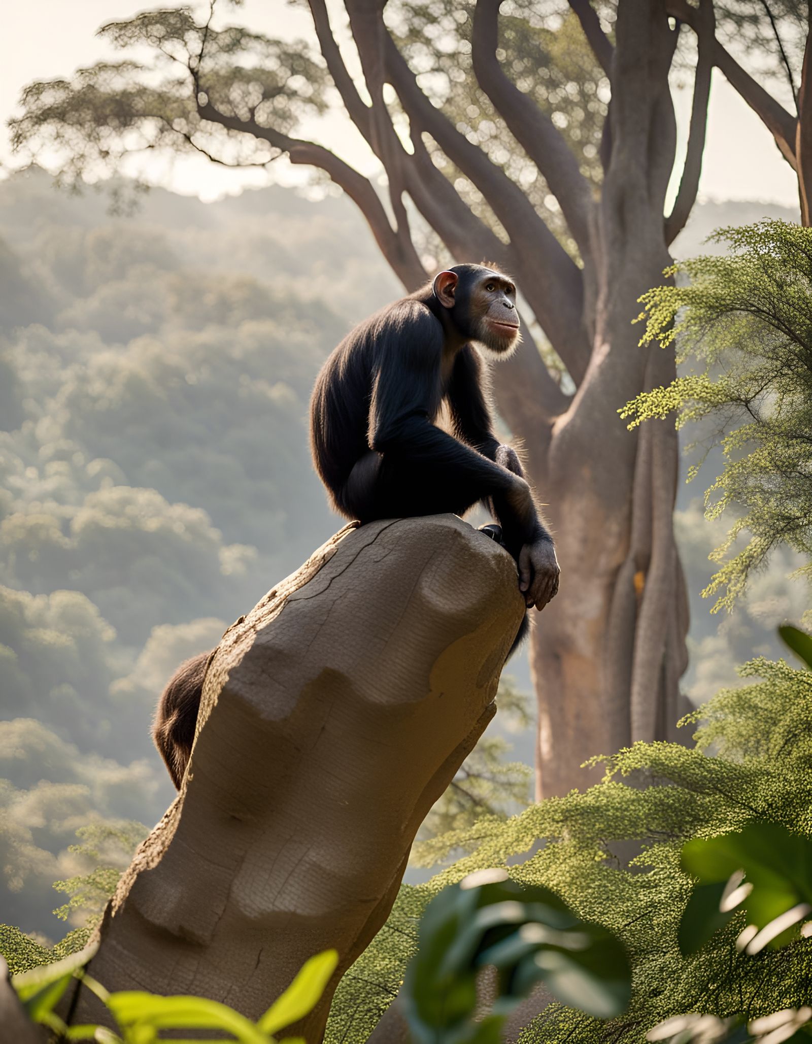 Chimpanzee Contemplates Jungle View in Natural Light