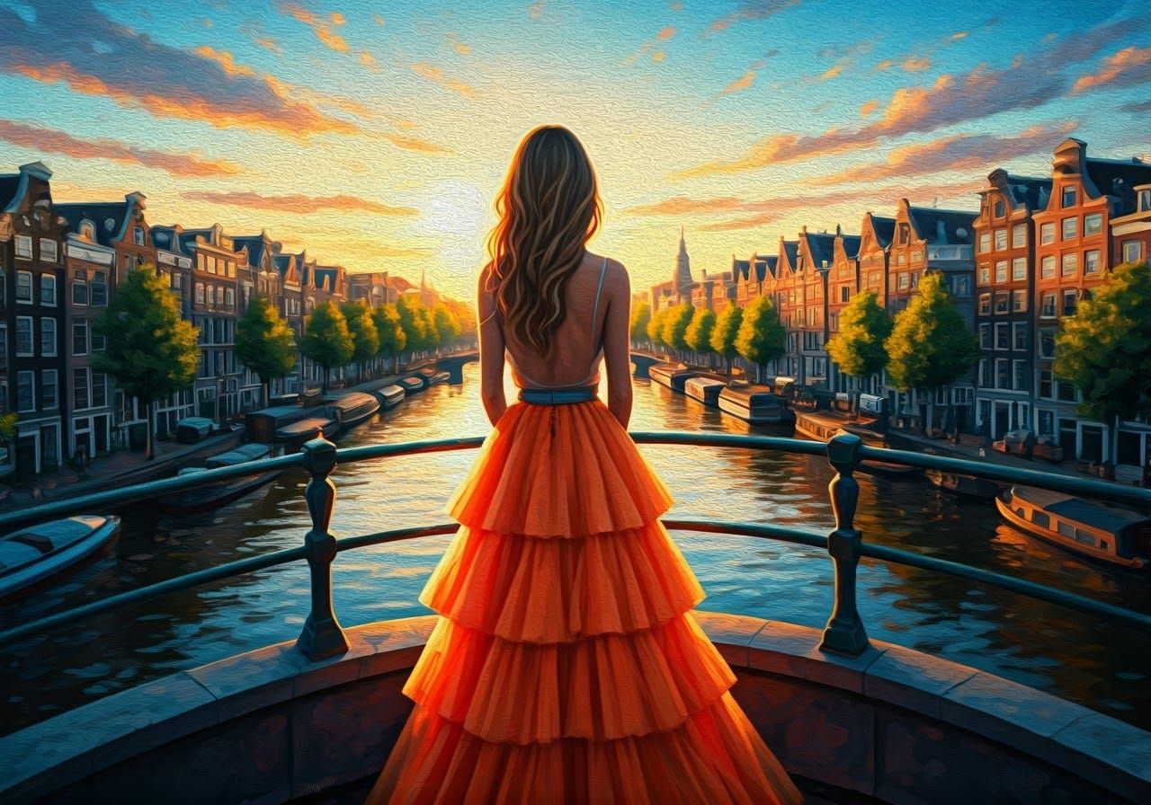 Amsterdam Sunset: Oil Painting of Woman in Orange Skirt