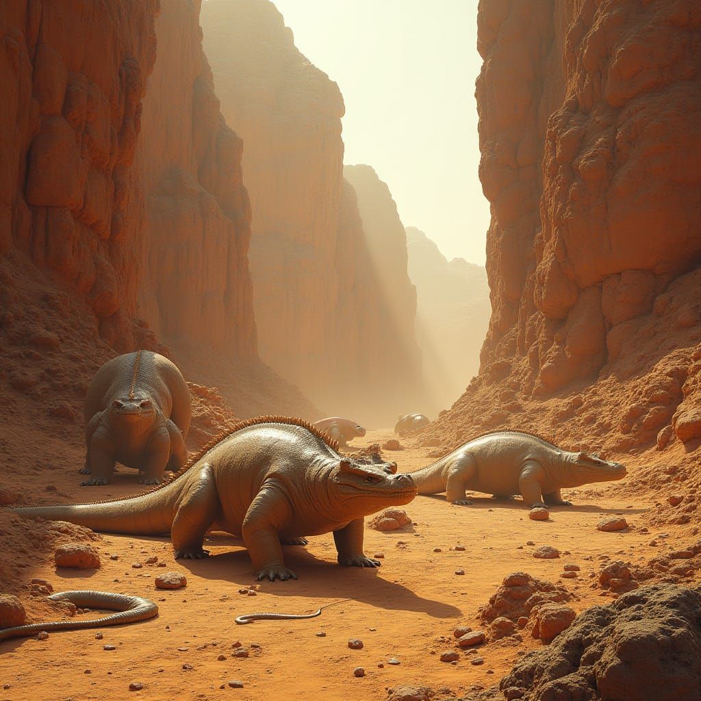 Sand Reptiles in Desert Canyon Landscape, Photorealistic