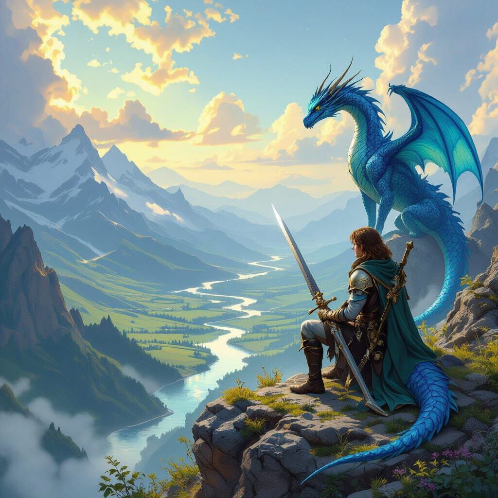 Adventurer and Sapphire Dragon on Ridge