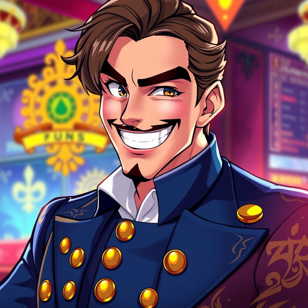 Smiling Casino Owner in Anime Key Visual Style