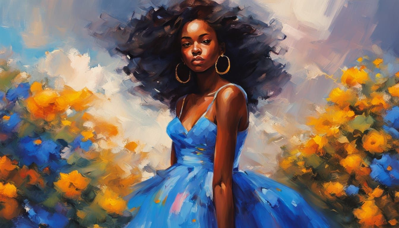 African Bride in Oil Painting With Colorful Flowers