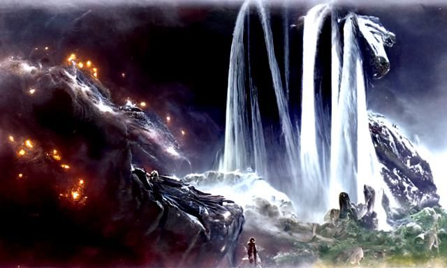 Waterfall and Lord of the Rings Statue in Nebula