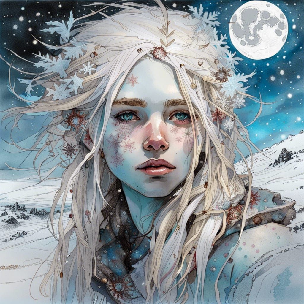 Mystical Snow Girl Portrait in Watercolor Style