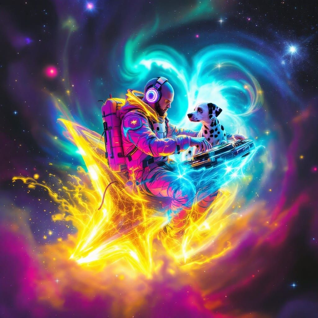 DJ Rides Cosmic Stallion in Vibrant, Neon-Lit Spacesuit