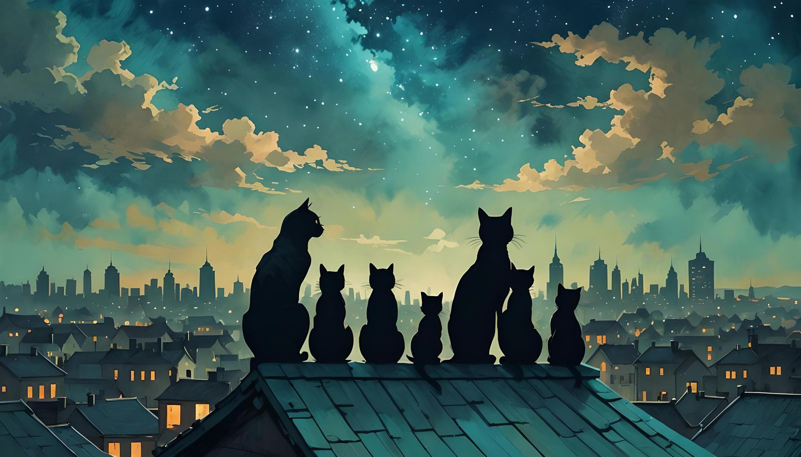 Cat Family Silhouette on City Roof at Night