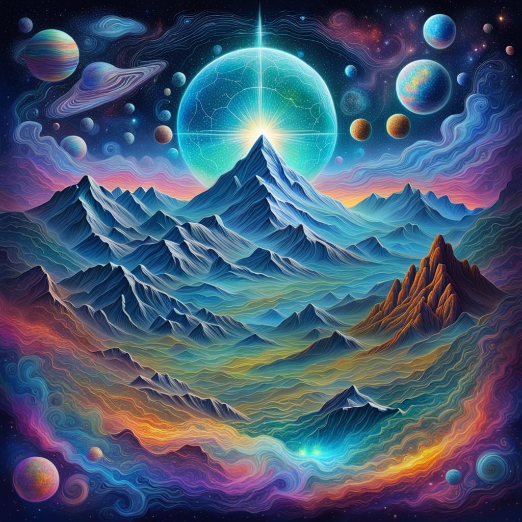 Cosmic Mountain Journey: Holographic Astral Illustration