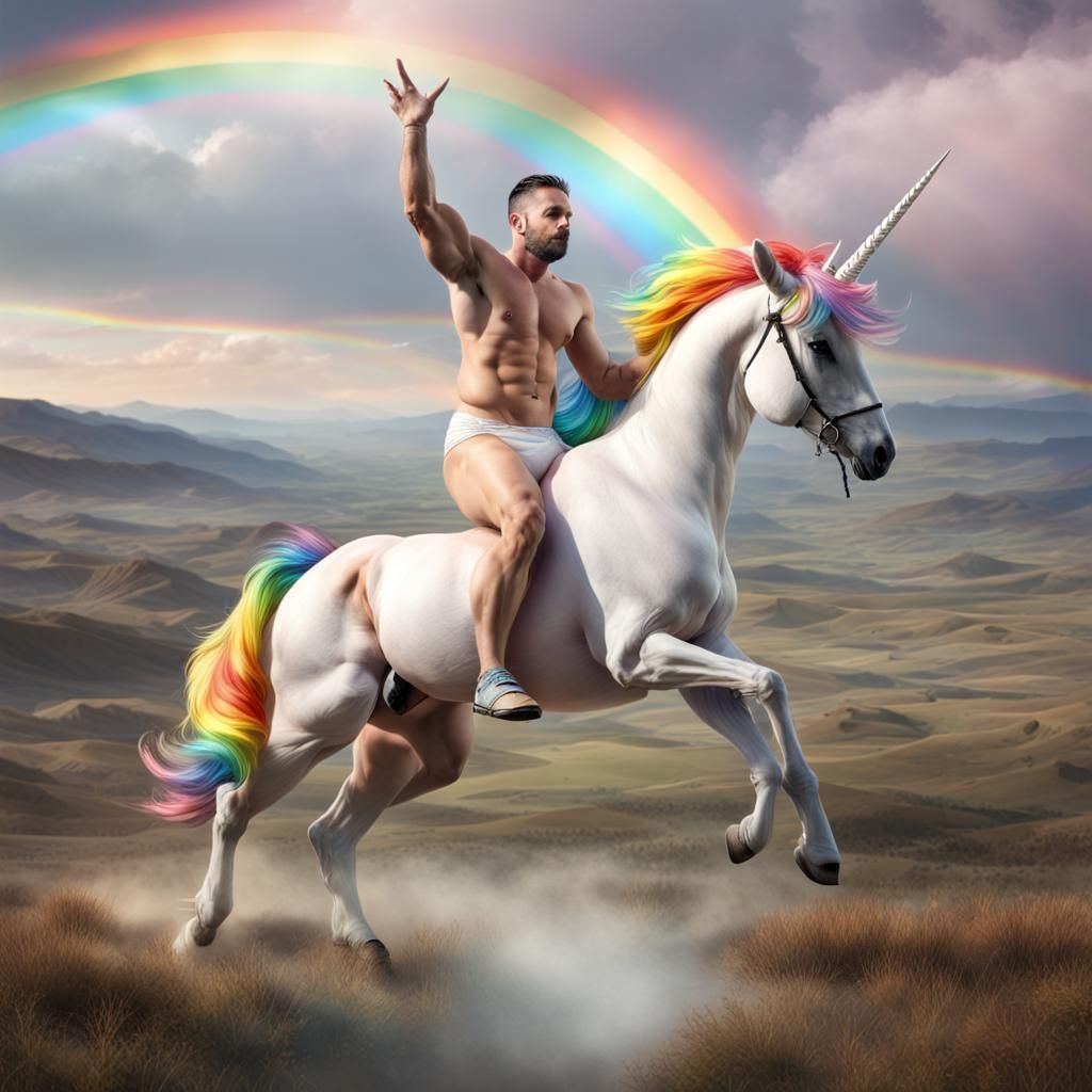 Rainbow Unicorn Ride in a Barren Landscape