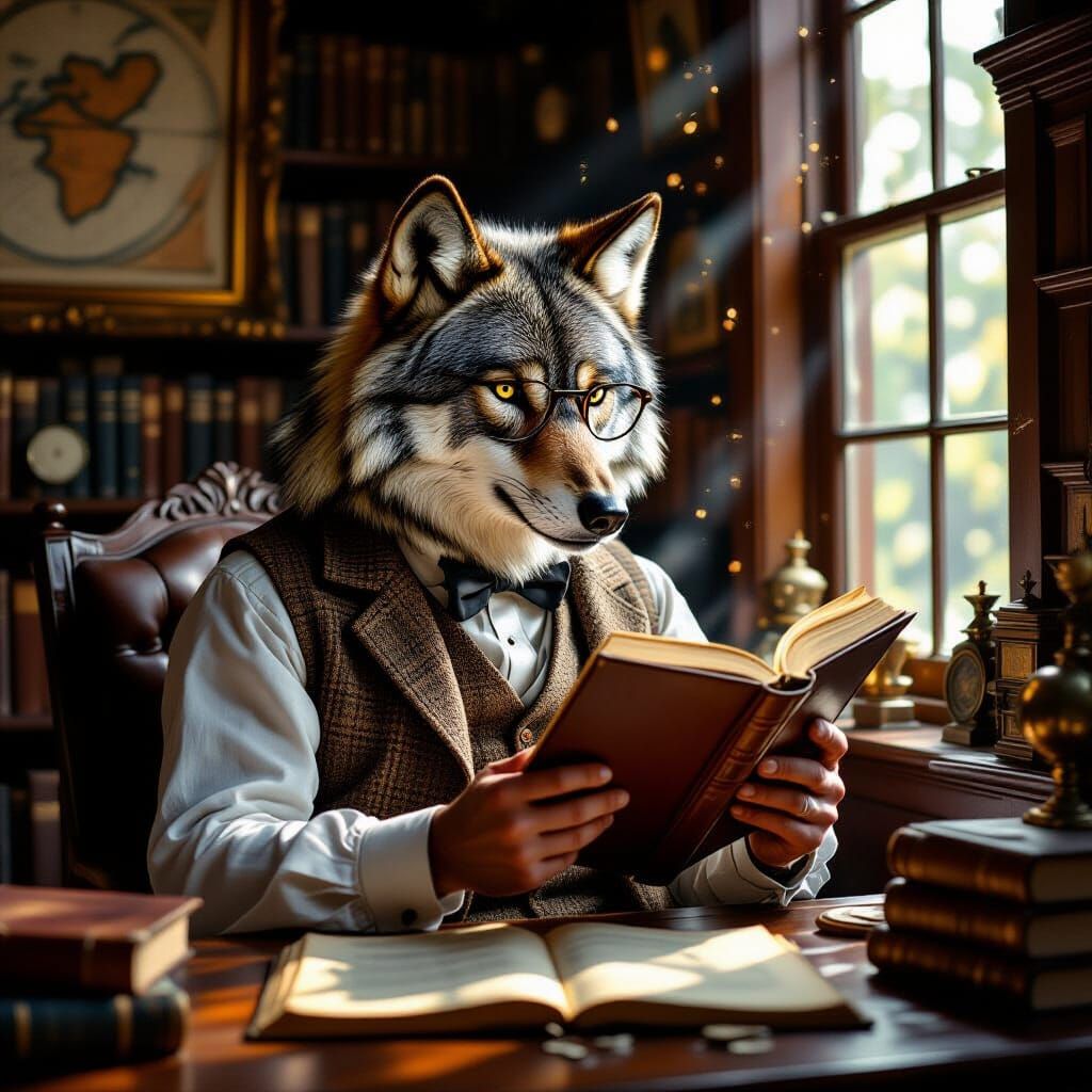 Dapper Wolf Reading in Cozy Study as Impasto Painting