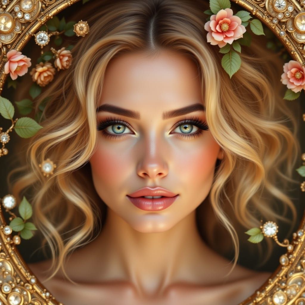 Elegant Woman in Diamond Heart Frame, Art Nouveau Style