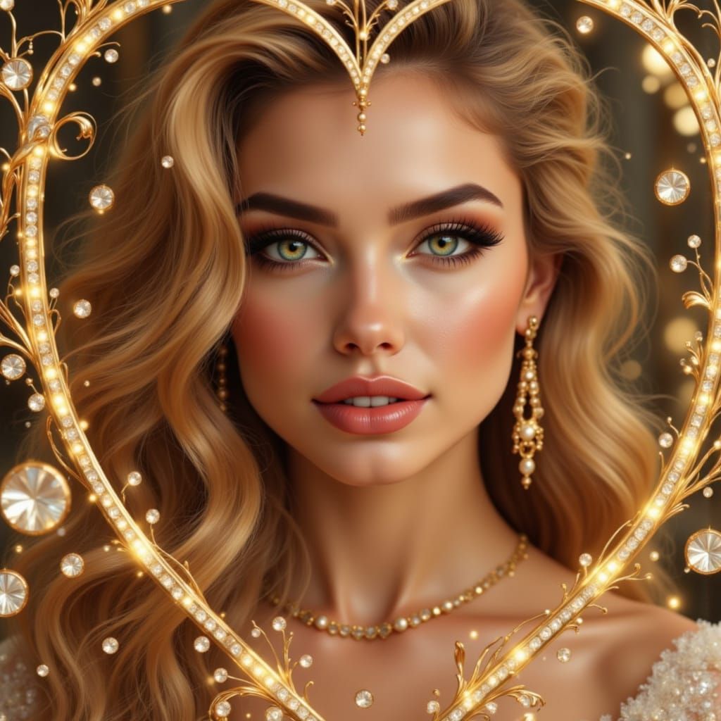 Elegant Woman in Diamond Heart Frame, Art Nouveau Style
