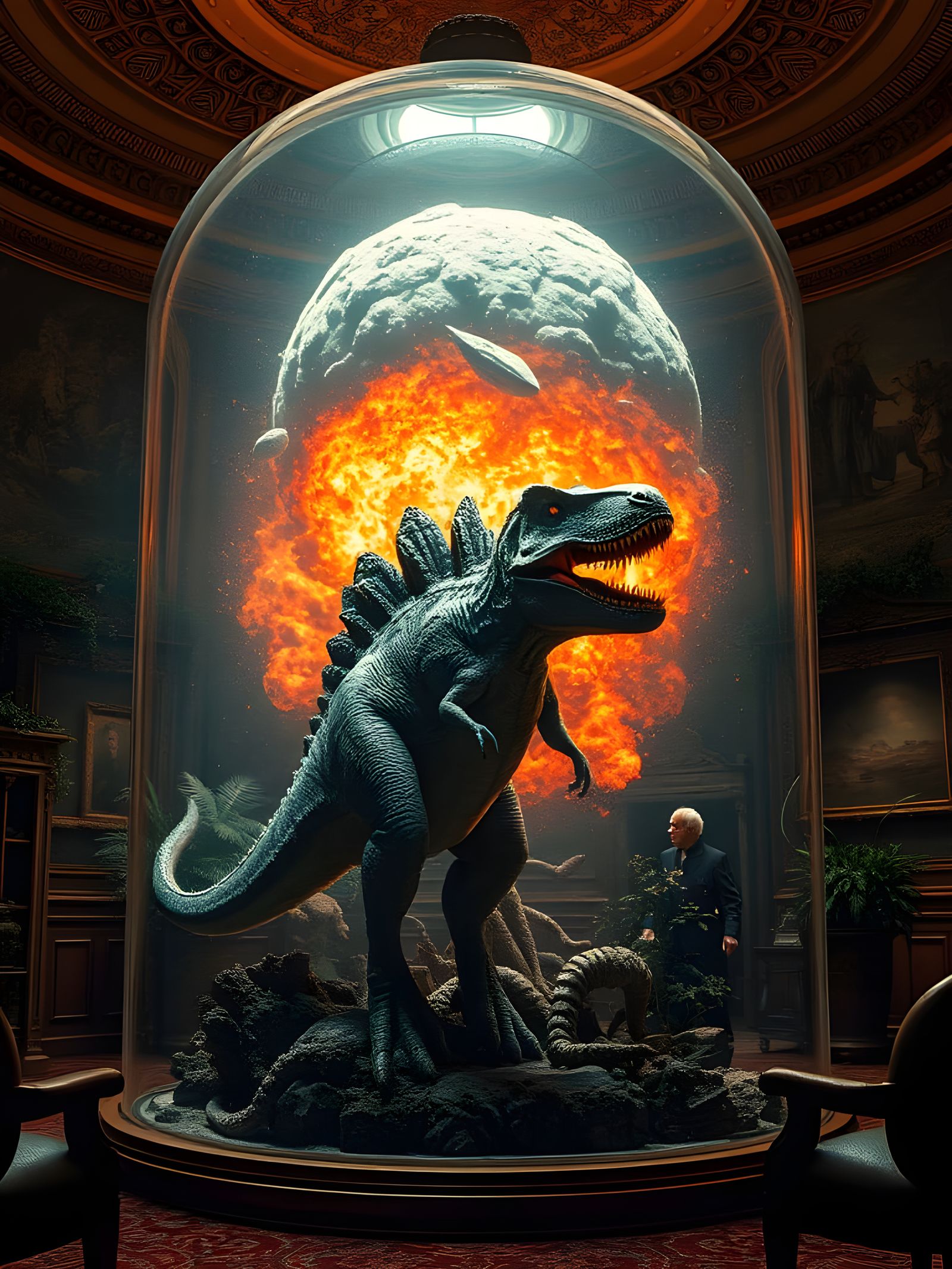 Dinosaur in Victorian Parlor After Asteroid Impact