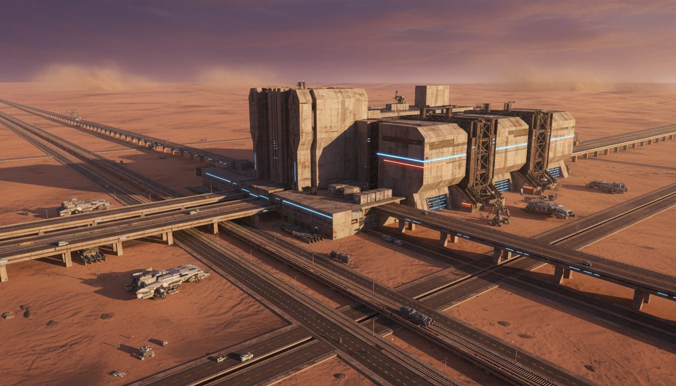 Brutalist Sci-Fi Cargo Station in Desert Biome