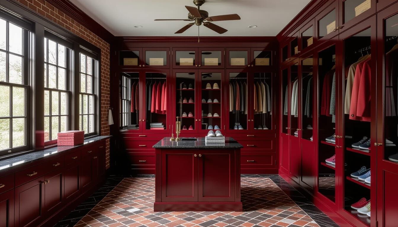 Victorian Walk-In Closet with Red Glass Showcases