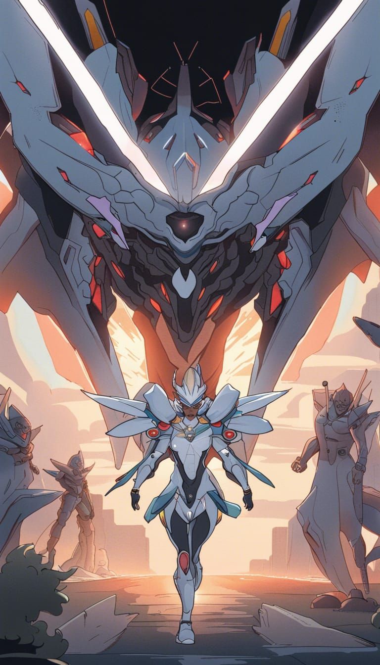 Neon Genesis Evangelion, white and glowing gold EVA, sleek body, cross-shaped neon blue visor, two glowing halo rings ab...