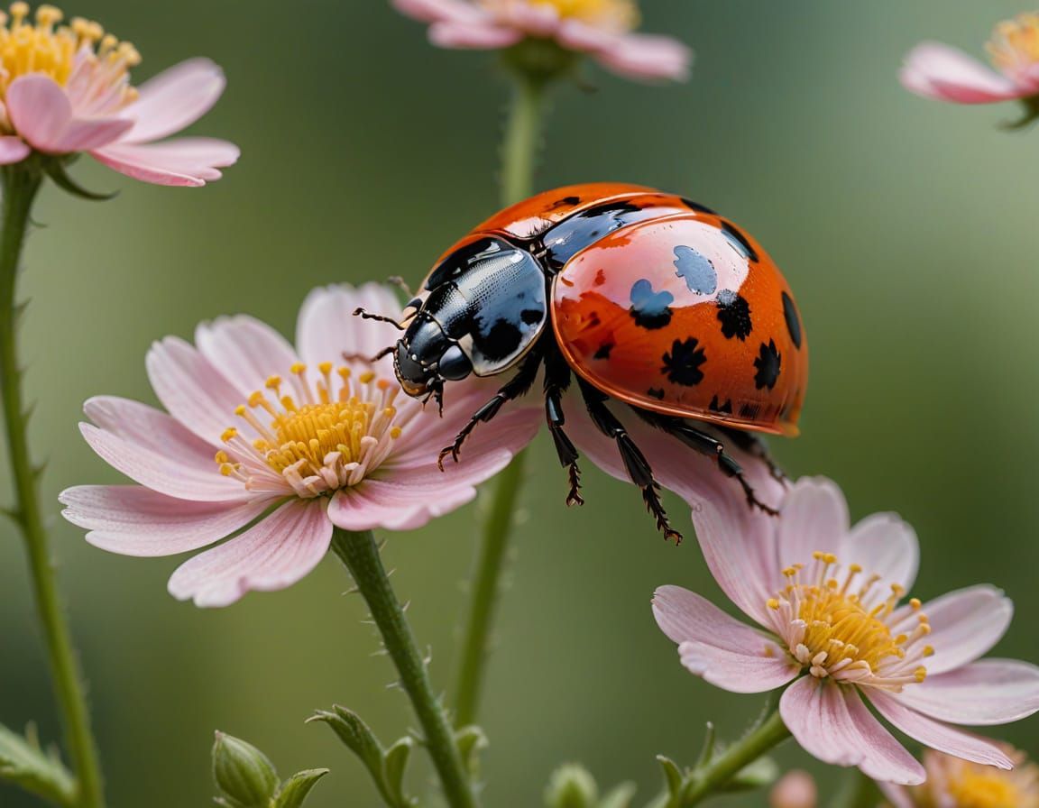 Macro Ladybug on Flower Stem in Pastel Colors