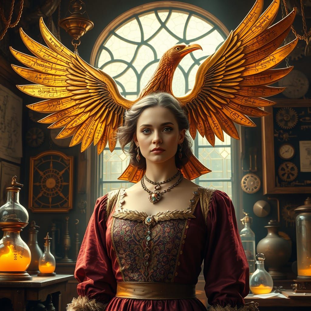 Renaissance Inventor in Sunlit Workshop with Mechanical Bird